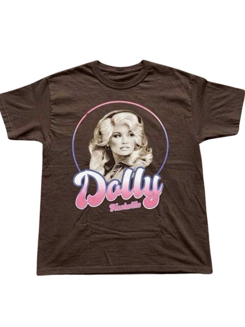 Brown Short Sleeve Graphic Tee with Pink & Purple Retro Script